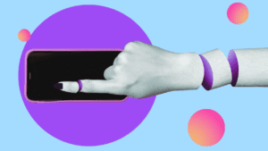 An illustrated hand wearing a purple bracelet clicks on a smartphone within a stylized, abstract setup with purple and pink circles, symbolizing the simplicity and ease of 'clicks not code' in Salesforce configuration.