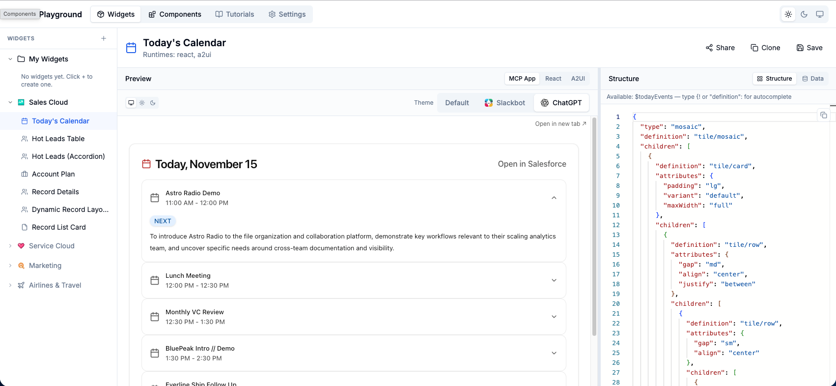 A screenshot of the today’s calendar widget in the Agentforce Experience Layer playground