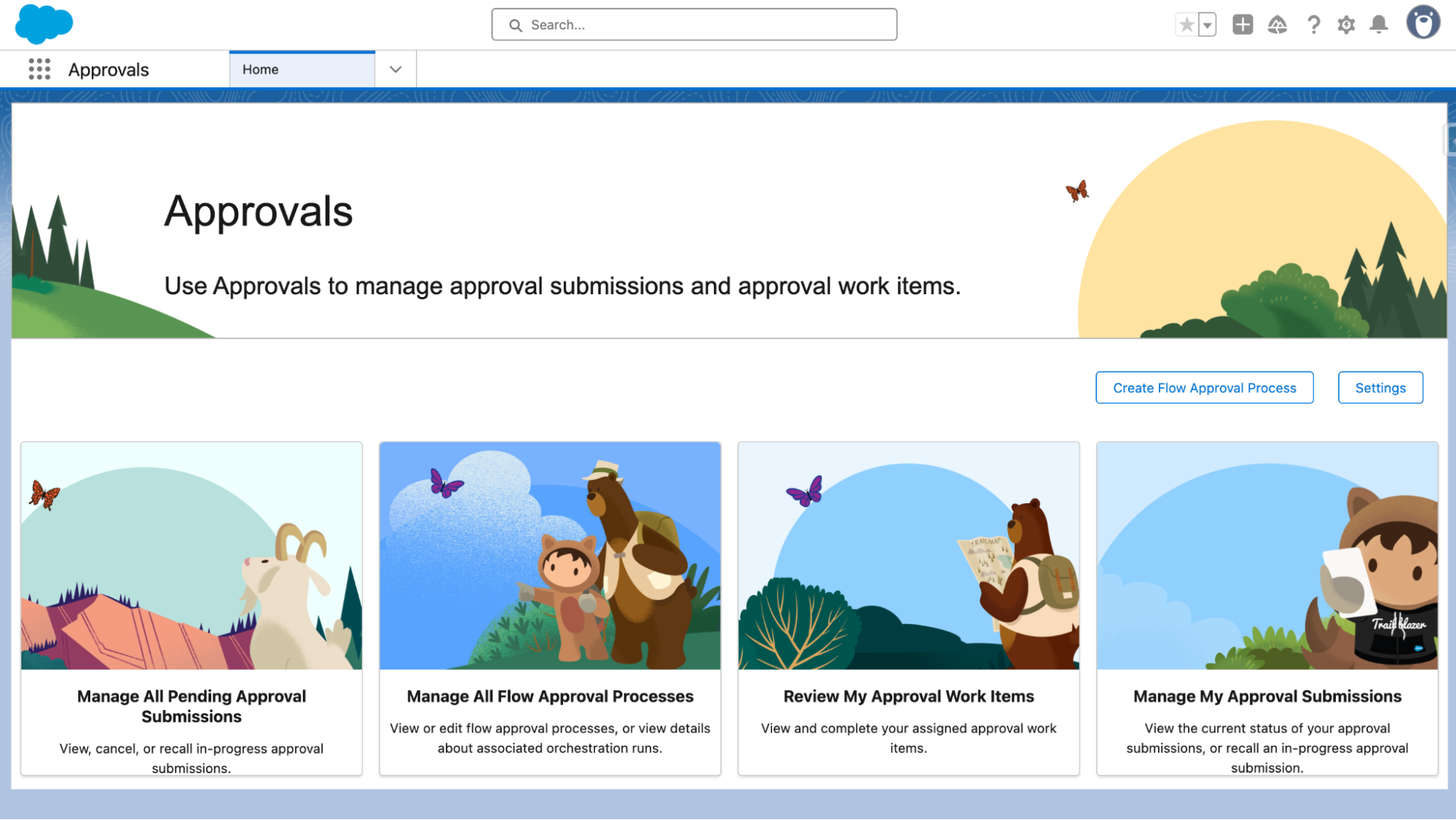 Salesforce Approvals dashboard showing options to manage approval submissions, flow approval processes, work items, and settings.
