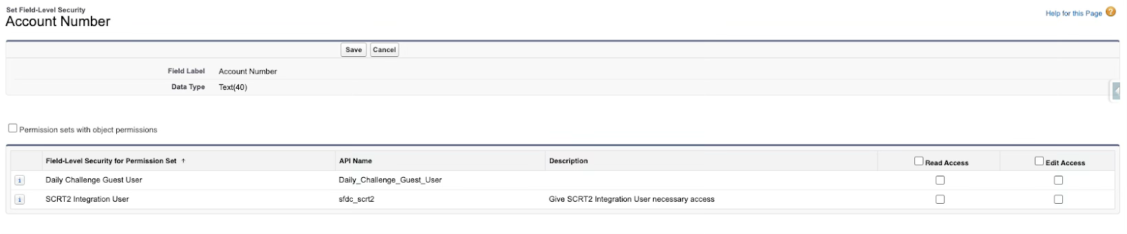A screenshot that shows Field Level Security on the Account Number field in Salesforce.