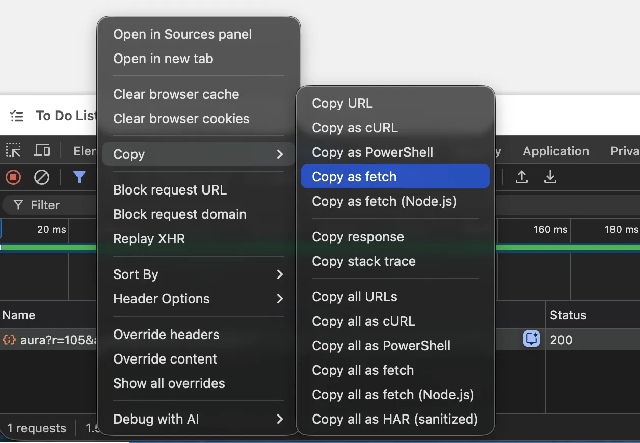 The network tab of Chrome browser copying an LWC request “as fetch”.
