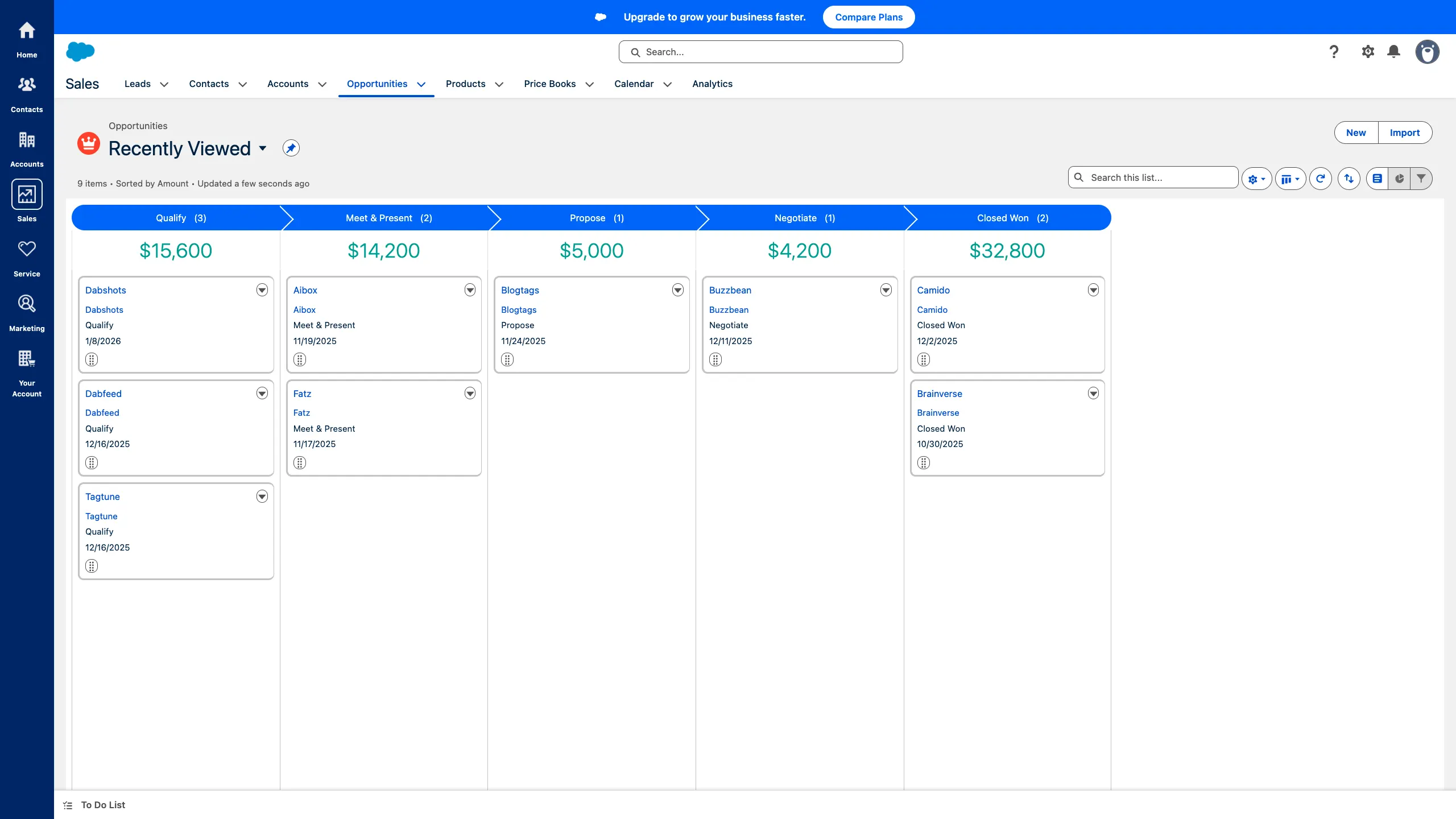 Screenshot of Salesforce Free Suite Opportunities