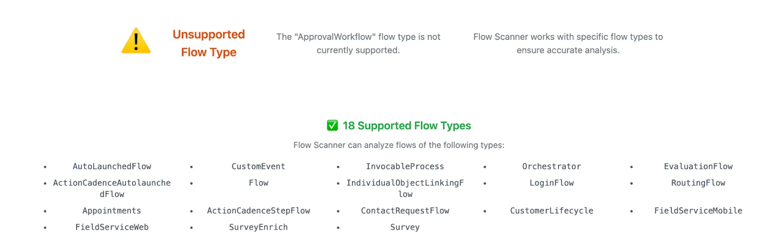 Warning message indicating an unsupported flow type. 18 Supported Flow Types are listed, including AutoLaunchedFlow, Flow, Survey, LoginFlow, RoutingFlow, FieldServiceWeb, Orchestrator, and others.