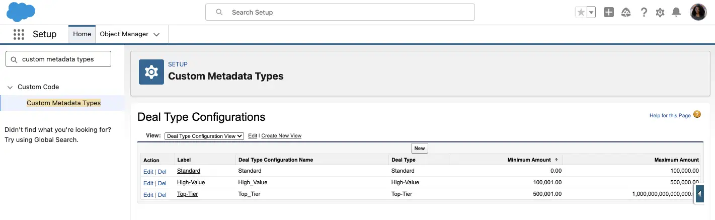 Salesforce list view for the “Deal Type Configuration” custom metadata type, which shows metadata records with Deal Type threshold values.