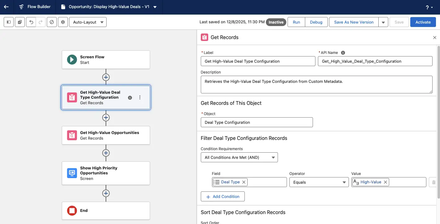 Salesforce flow builder that shows a Get Records element that is retrieving the “High-Value” configuration record from the “Deal Type Configuration” custom metadata type.