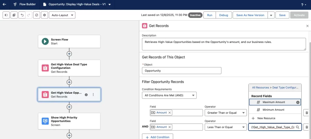 Salesforce flow builder that shows a Get Records element that is retrieving Opportunity records using the “High-Value” configuration record values from the “Deal Type Configuration” custom metadata type.