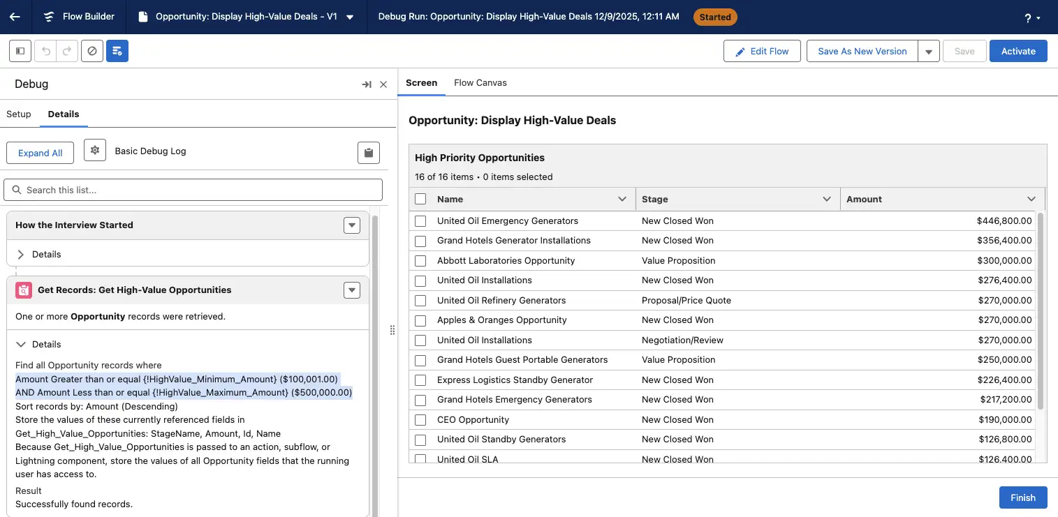 Salesforce flow debug window that shows all opportunity records that were retrieved by using the formulas for the “High-Value” configuration from the “Deal Type Configuration” custom metadata type.
