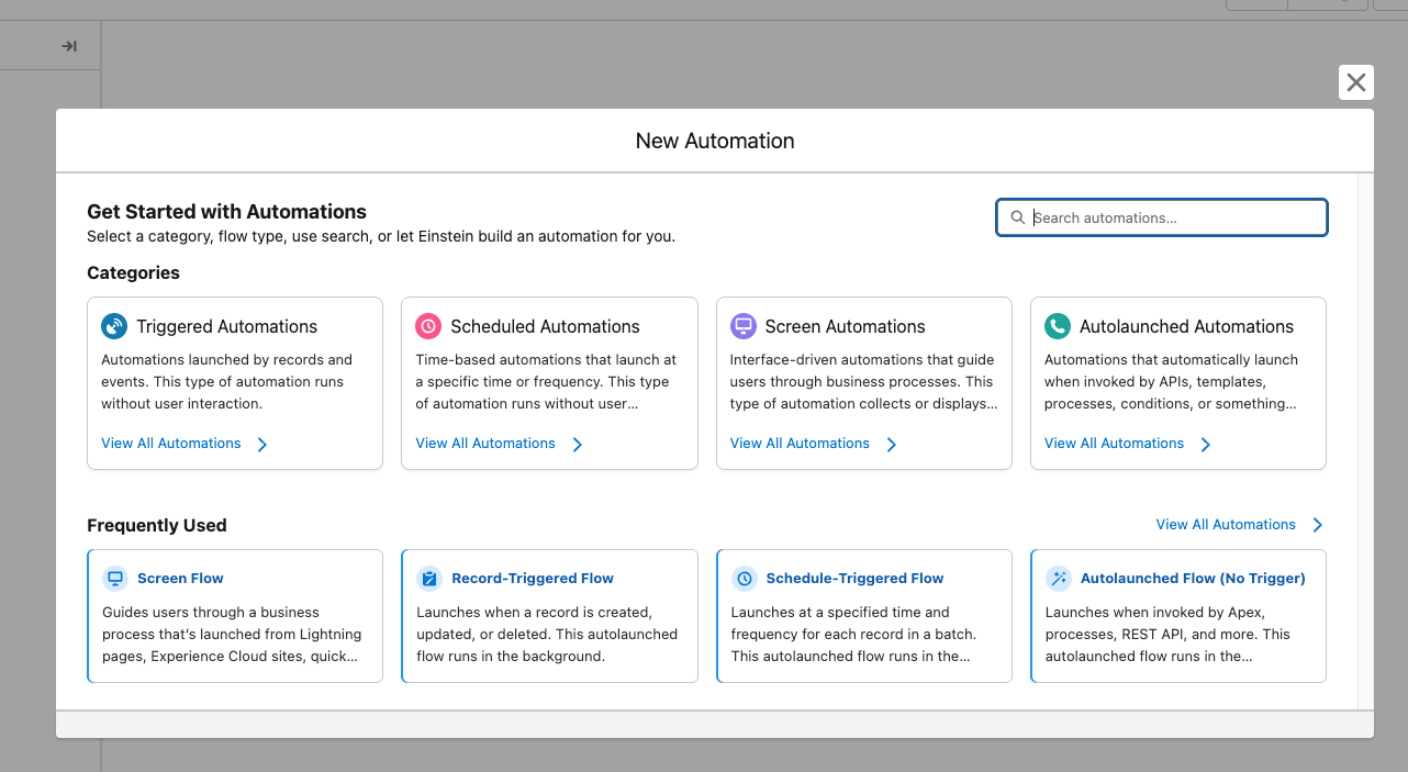 A Screenshot showing the New Automation screen in Salesforce which illustrates some of the options available when you create a new Salesforce Flow from scratch. 