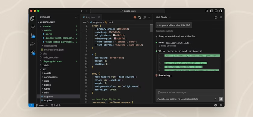Screenshot showing Visual Studio with Claude Code side panel. Claude Code is writing code within the side panel which is displaying a conversation between the user and Claude Code.
