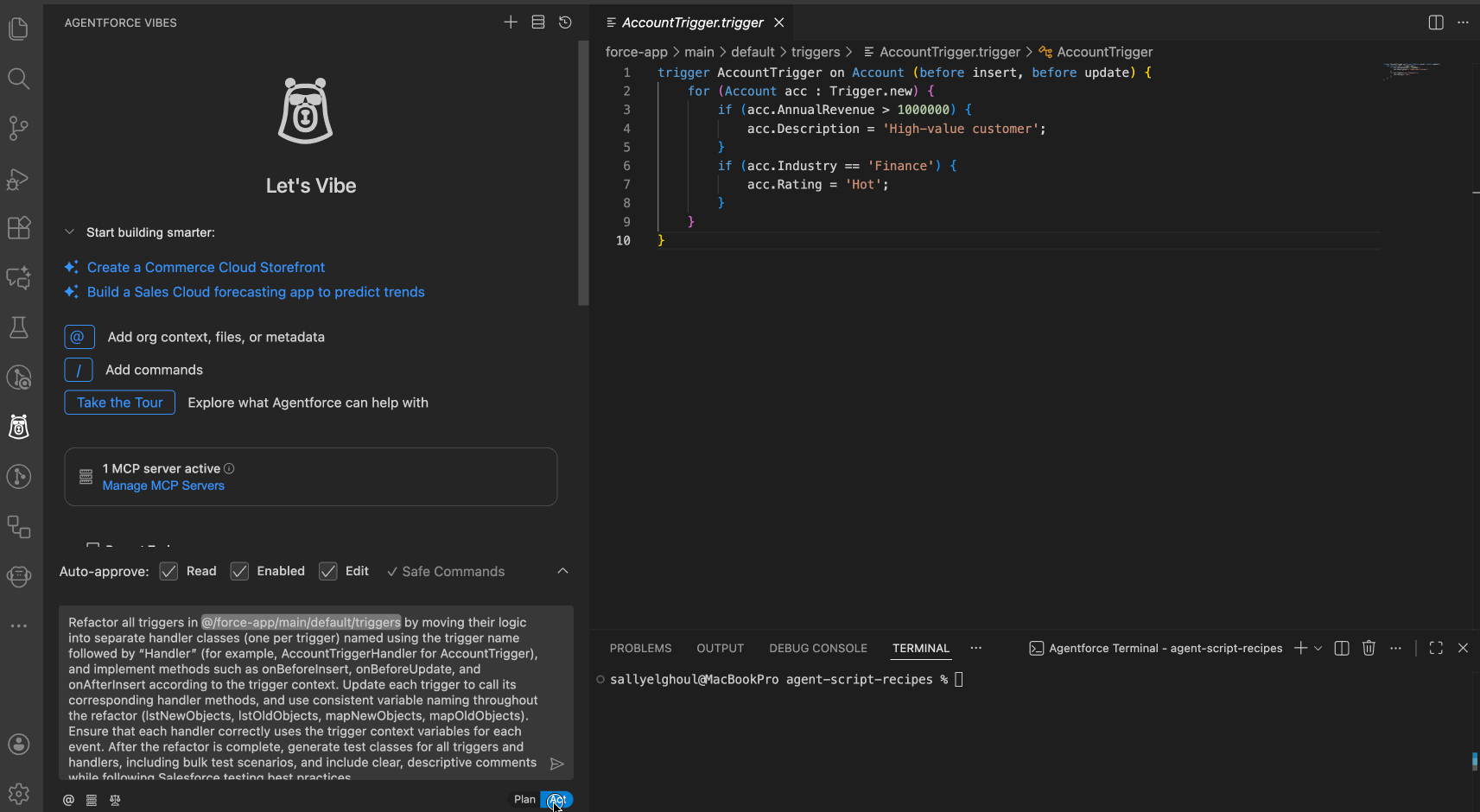 GIF showing Agentforce Vibes Act Mode instantly creating and updating files after a trigger refactor prompt.
