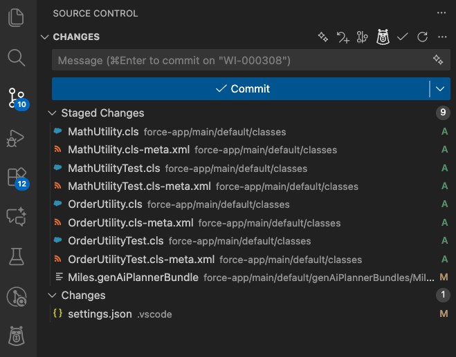 VS Code Source Control panel showing staged Apex class changes before committing, highlighting where commit messages are generated.