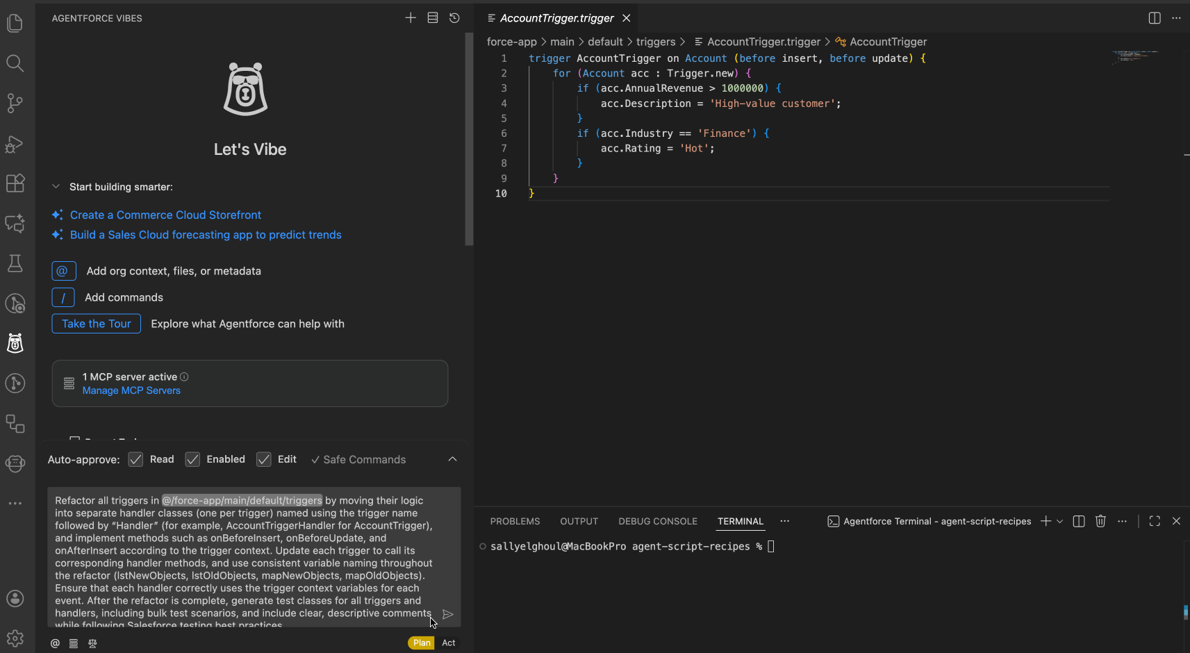 Animated GIF showing Agentforce Vibes in Plan Mode generating a detailed plan and waiting for user approval before acting.