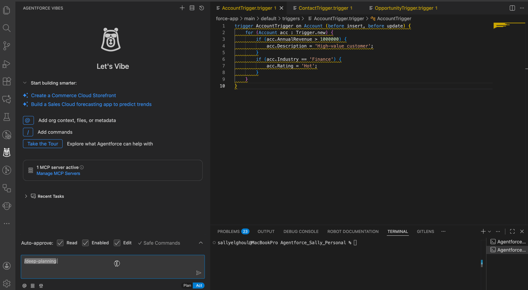 GIF showing Agentforce Vibes Deep Planning automatically generating a plan and asking whether to proceed with task execution.