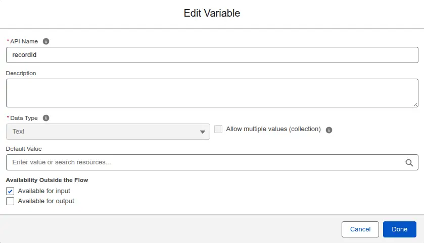 Flow resource configuration screen for declaring the resourceId variable.