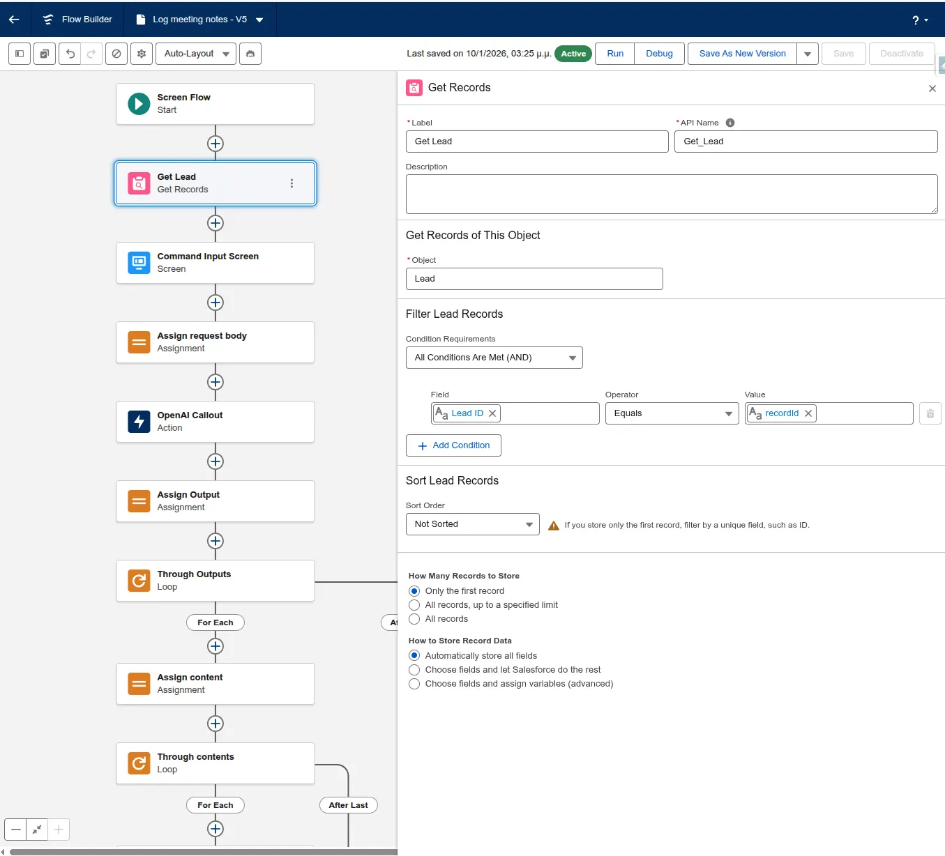 Flow Get Records element configuration screen for retrieving the Lead from the database.