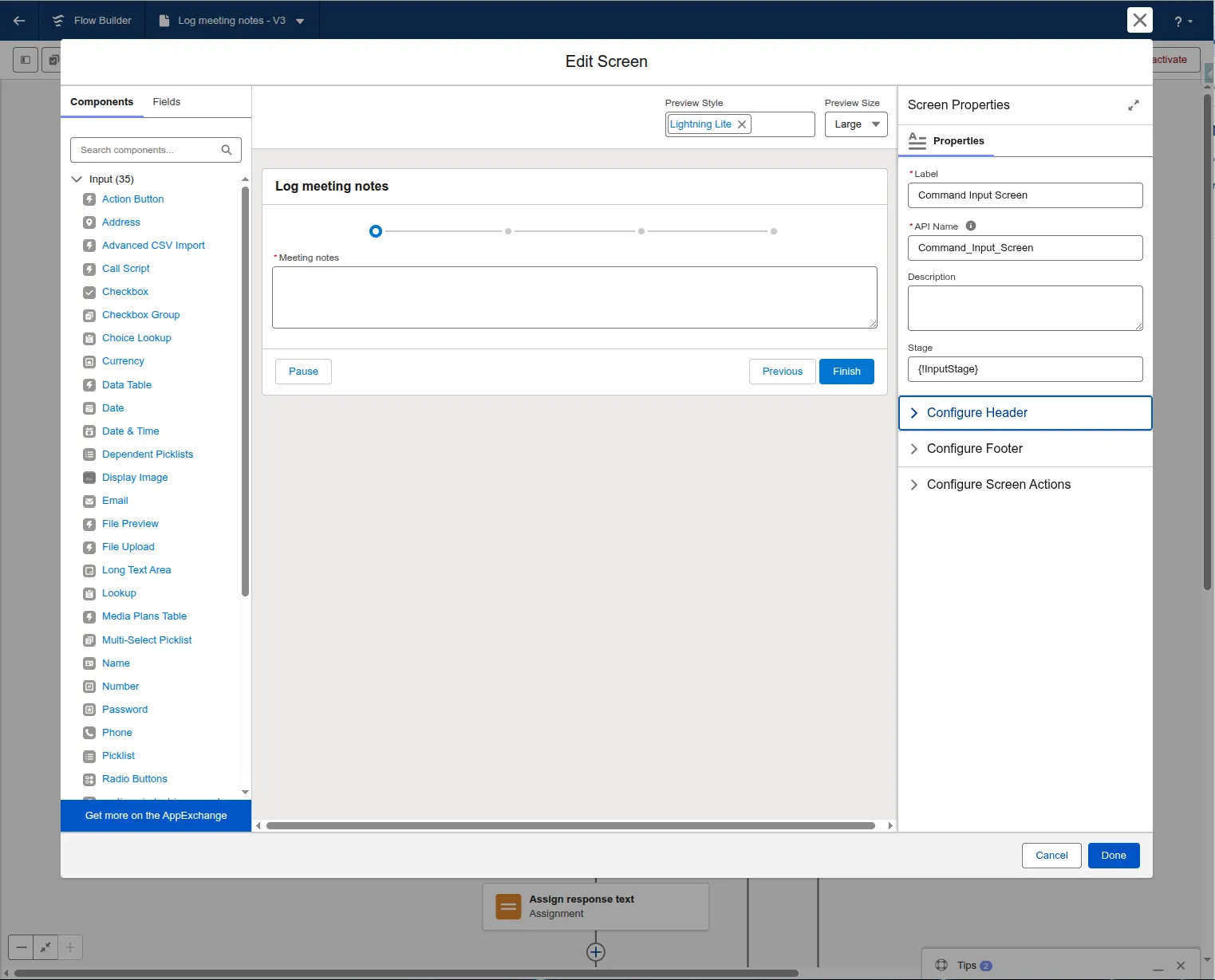 Flow Screen element configuration screen for getting the meeting notes from the user.