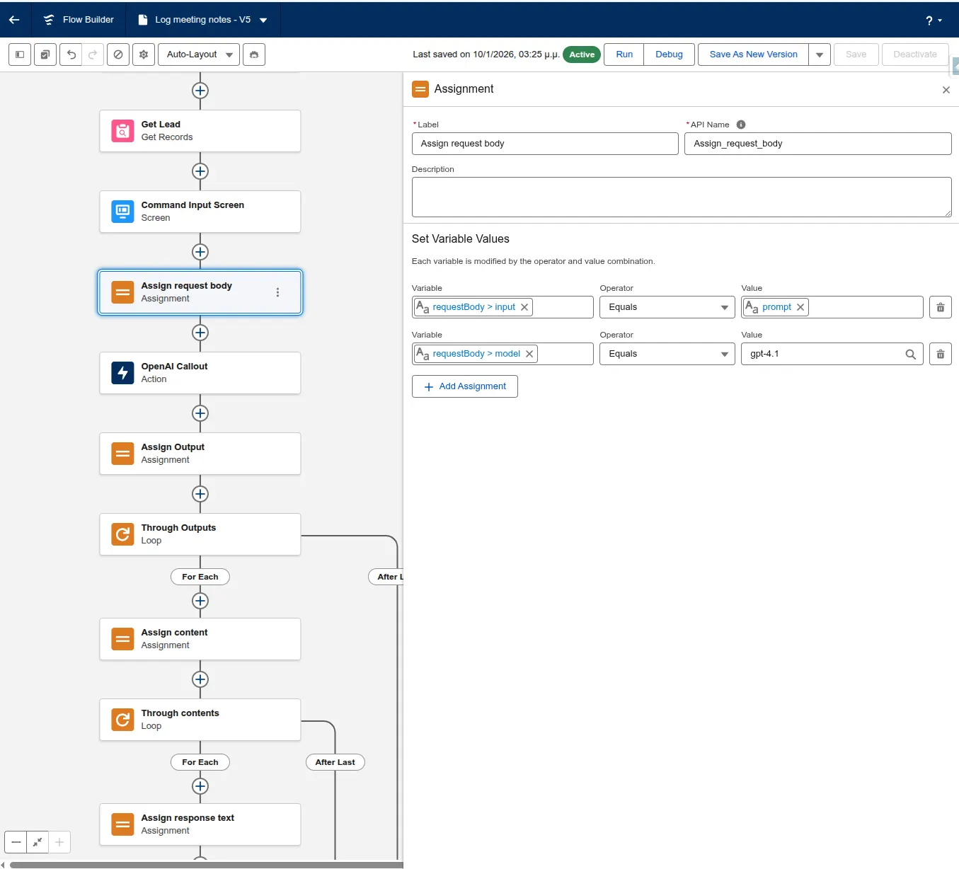 Flow Assignment Screen element configuration screen for assigning the input and model properties of the requestBody variable.