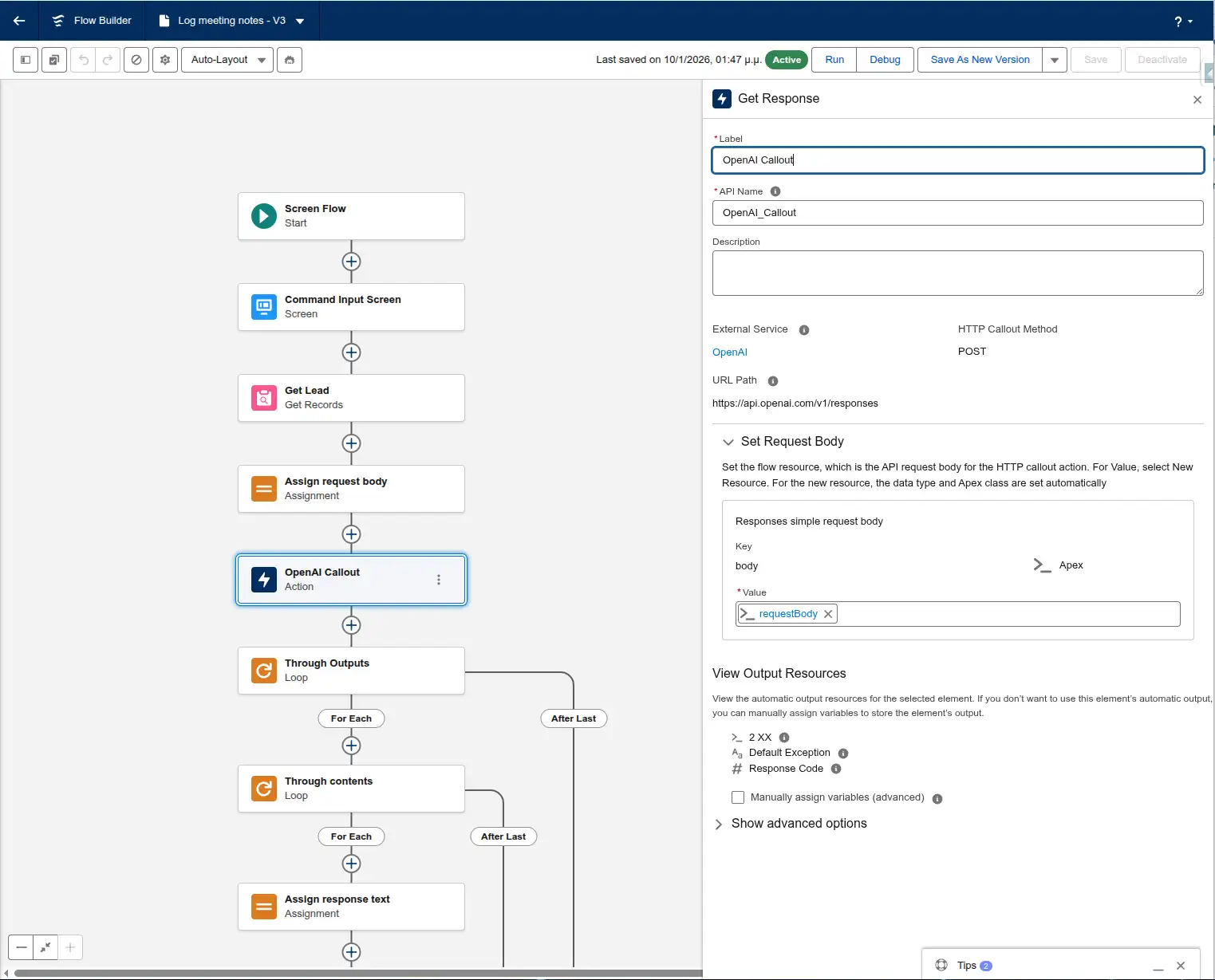 Flow Action Screen element configuration screen for making the callout to OpenAI.