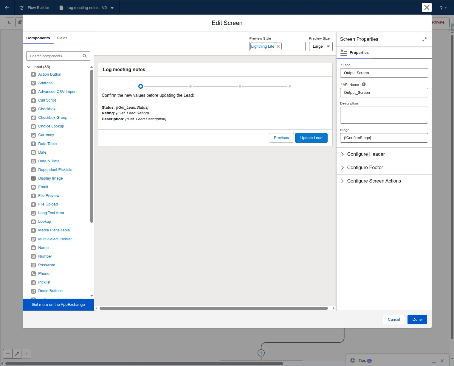 Flow Screen element for presenting new field values to the user and asking for confirmation.