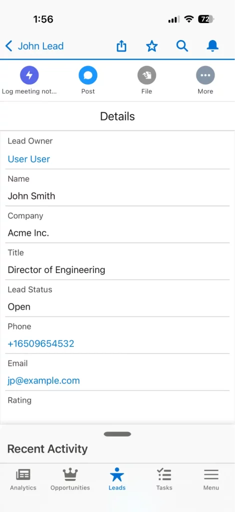 Lead detail page in the Salesforce mobile app with the Log meeting notes action visible on the top left corner.