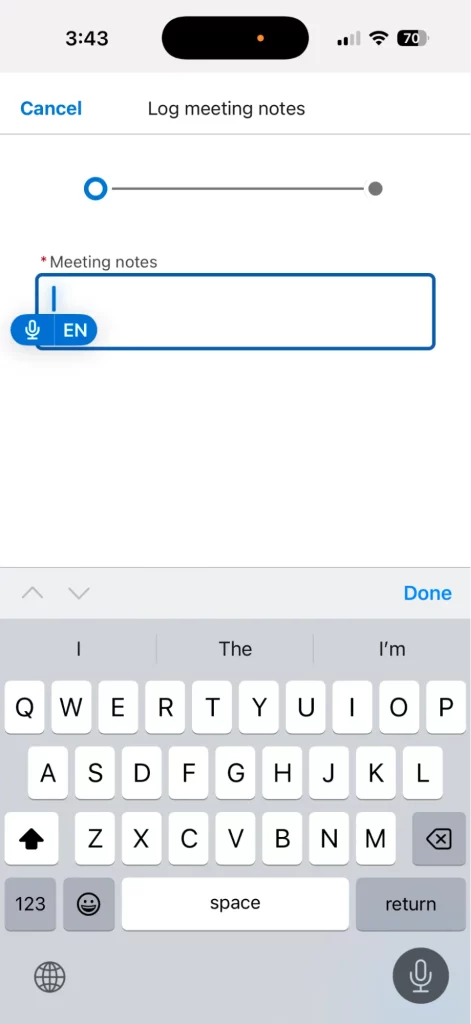 Meeting notes input screen on mobile showing the use of the voice dictation feature of the mobile keyboard.