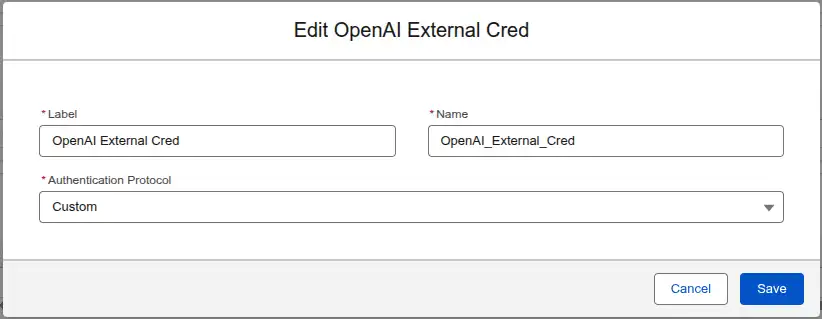 External Credential creation screen showing the configuration of an External Credential with Custom Authentication for the OpenAI API connection.