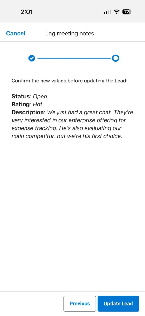 Field update confirmation screen on mobile showing the values recognized by OpenAI and asking for confirmation to update the Lead.