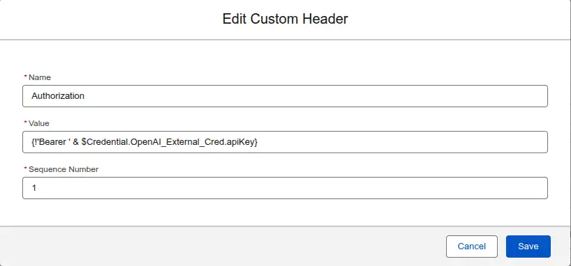 External Credential Custom Header creation setup screen for setting the request authorization header. 