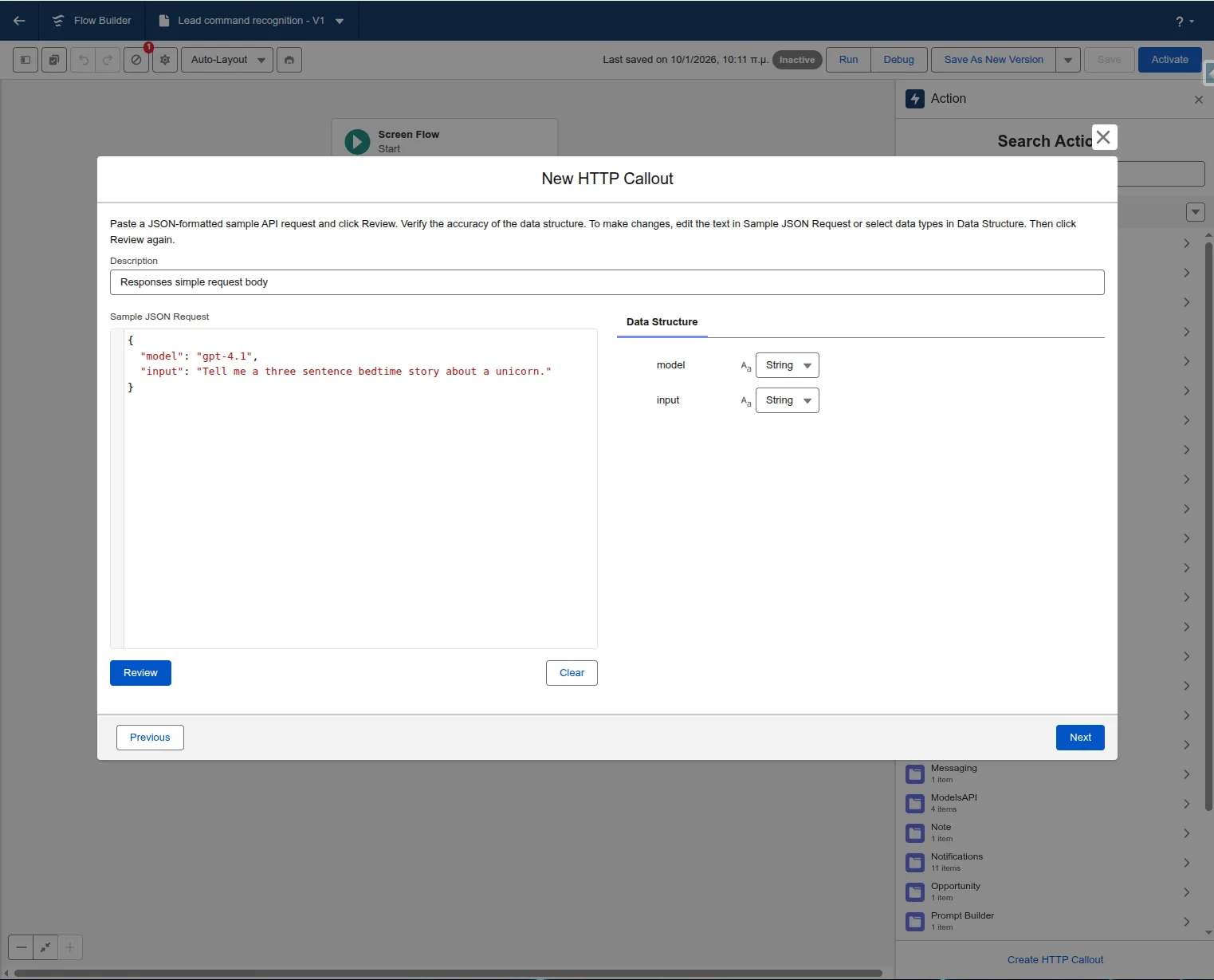 HTTP Callout setup screen for configuring the request body data structure.