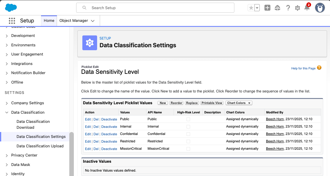 List of Data Sensitivity Levels Salesforce offers by default, including Confidential, Restricted, and MissionCritical.