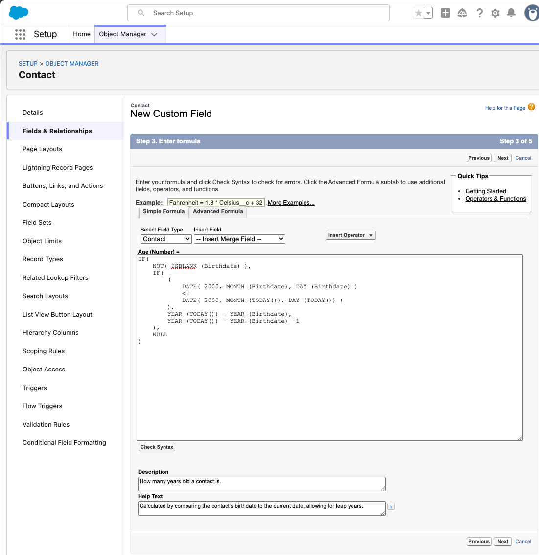 The New Custom Field screen as the new Age field for Contact is being created.