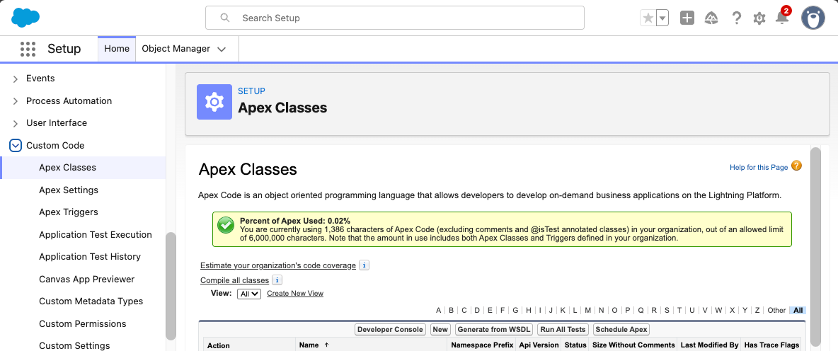 The Apex Classes screen with a New button, found under Custom Code in Setup.