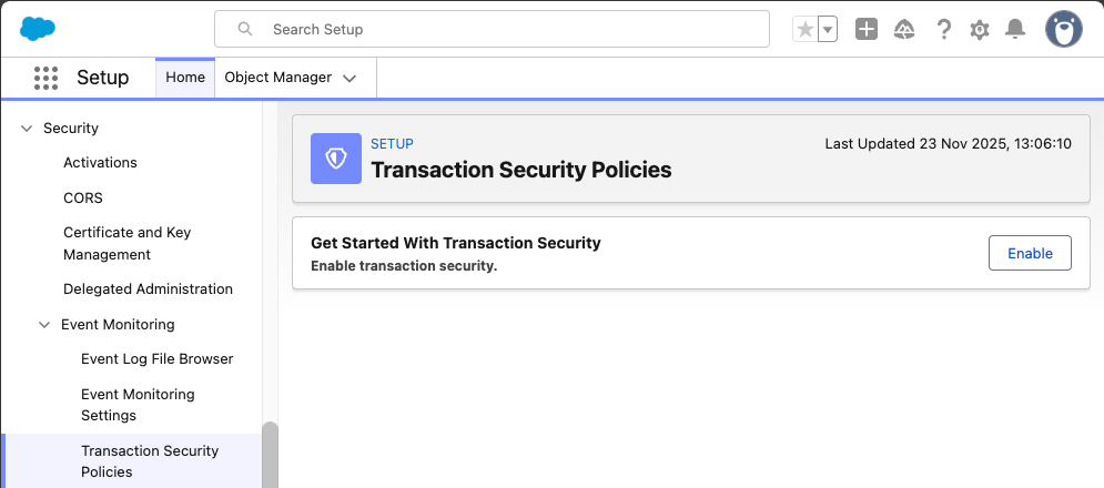 The Transaction Security Policies screen has an Enable button to get started with Transaction Security.