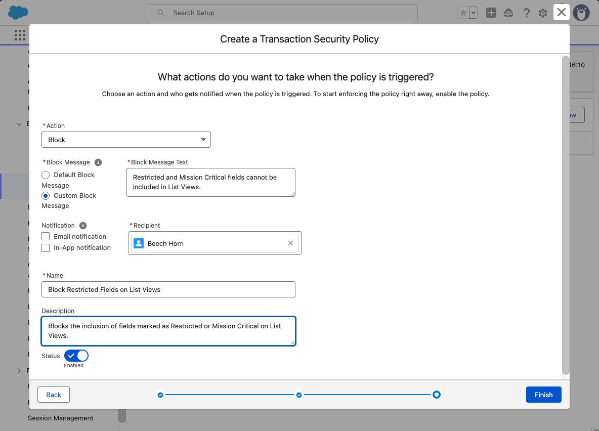 The Transaction Security Policy Action screen, defining a custom block message.