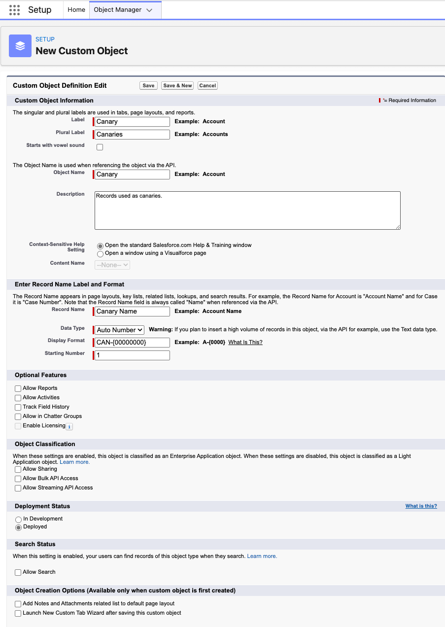 Salesforce New Custom Object creation for Canaries with an Auto Number format of CAN hyphen and eight zeros.