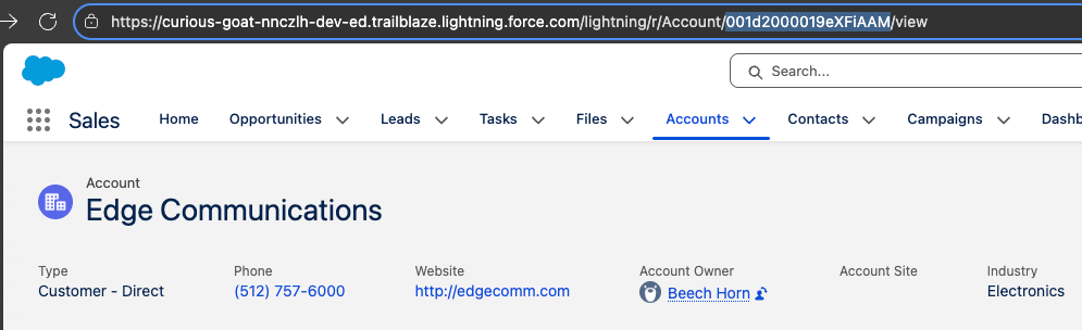 Edge Communications Account record page with the address id between Account/ and /view in the URL.