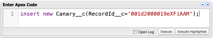 Anonymous Apex inserting a new Canary__c record with a RecordId__c value of the Edge Communication account’s record id.
