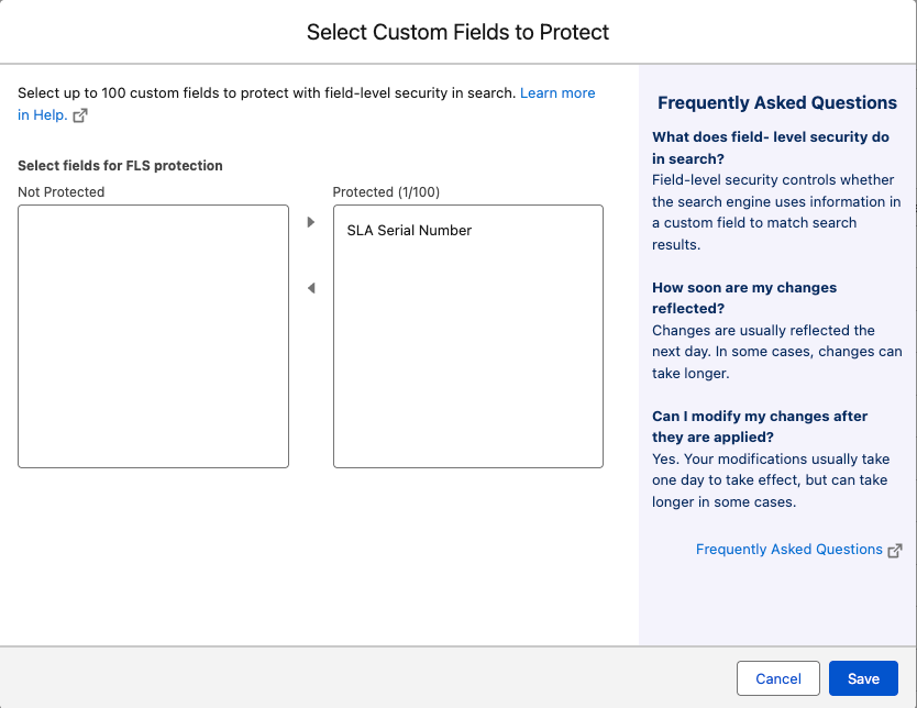 Search Manager "Select Custom Fields to Protect" dialog with a dual listbox for moving fields between Not Protected and Protected.