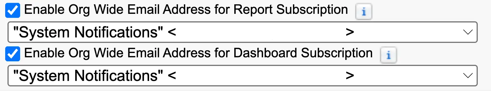 Screenshot of Report and Dashboard Settings in Salesforce which shows a Organization-Wide Address being used