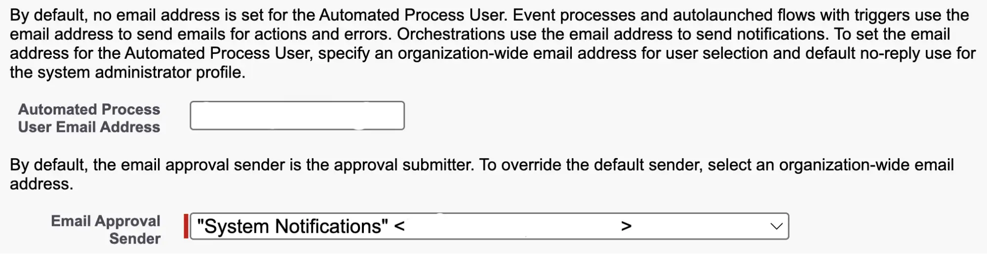 Screenshot of Process Automation Settings in Salesforce which shows Automated Process User Email Address and Email Approval Sender 