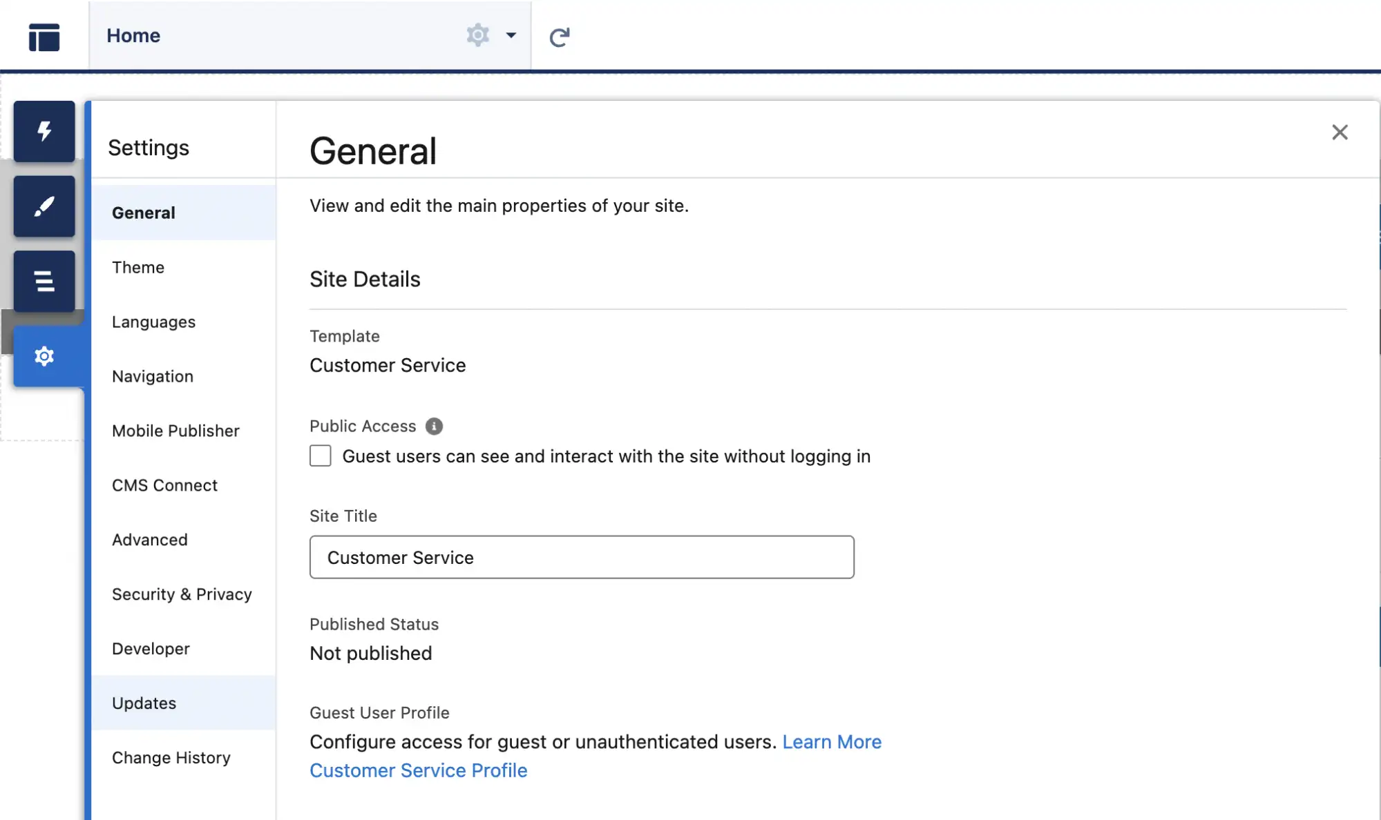 Screenshot of Experience Builder showing Settings opened on the General Tab with hyperlink to Guest User Profile visible 