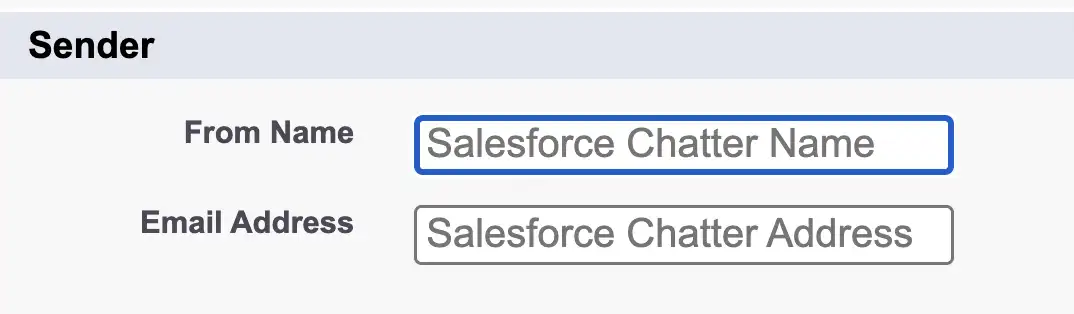 Screenshot of Chatter Email Settings which shows the default settings have not been adjusted and so these values are blank