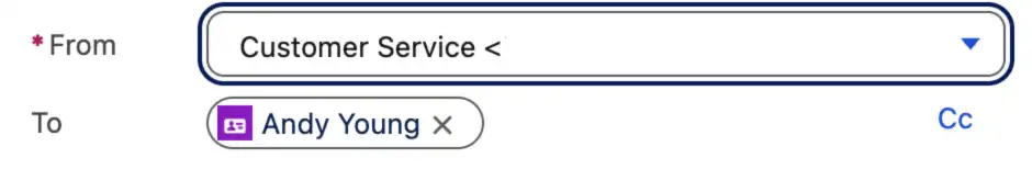 Screenshot of From/To in Salesforce Email Composer, the From Address has been overridden to an Organization-Wide Address 