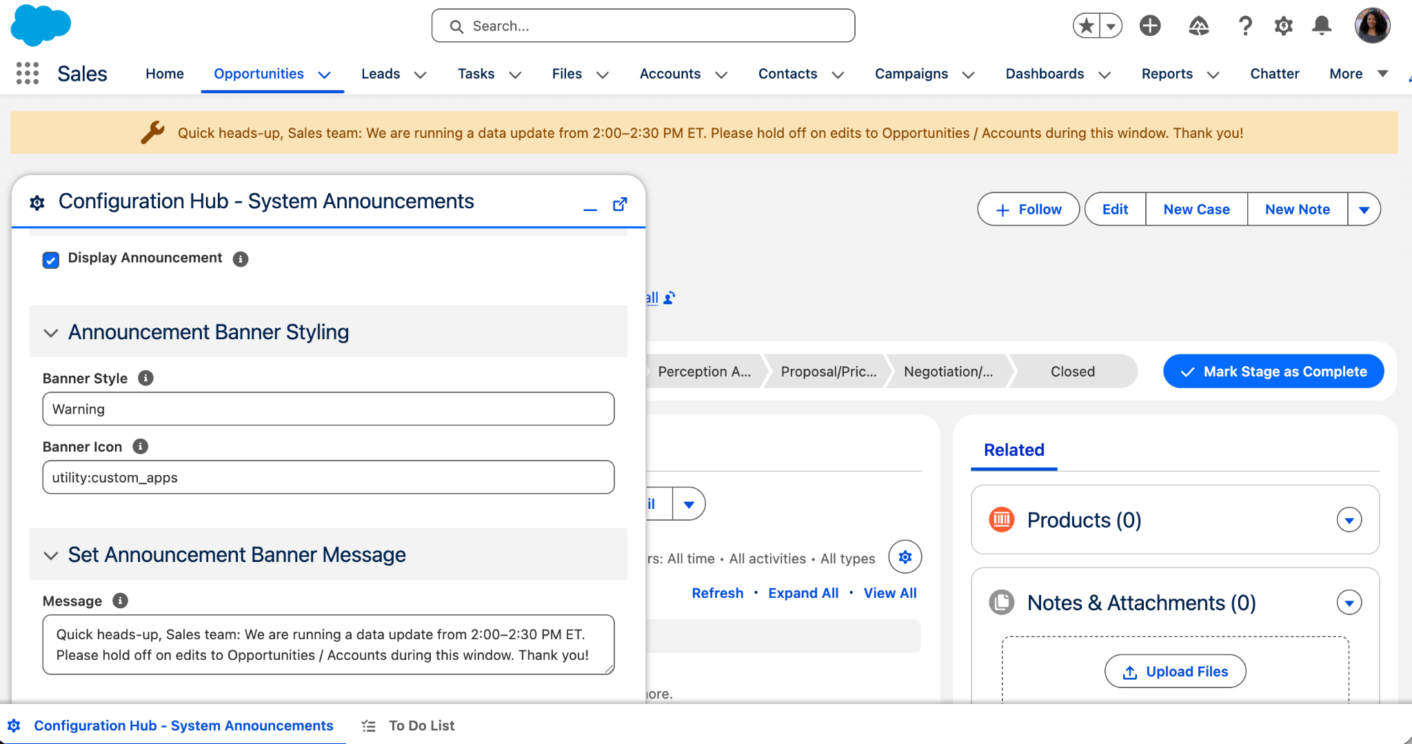 A configuration hub nested in a utility bar item within the Sales app. 