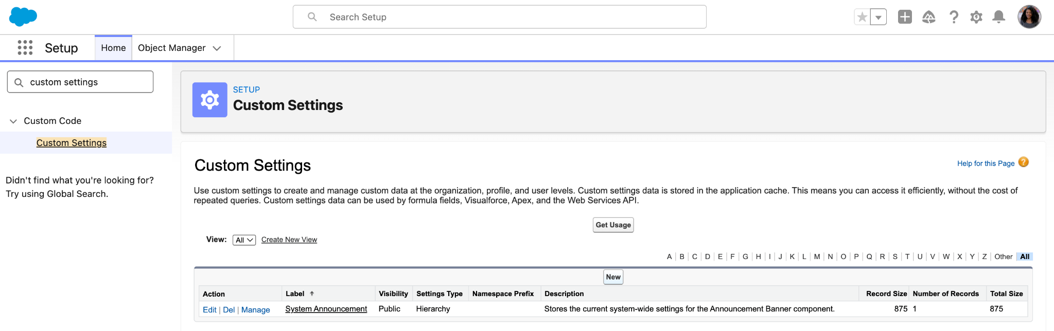 Custom settings page in Setup.  