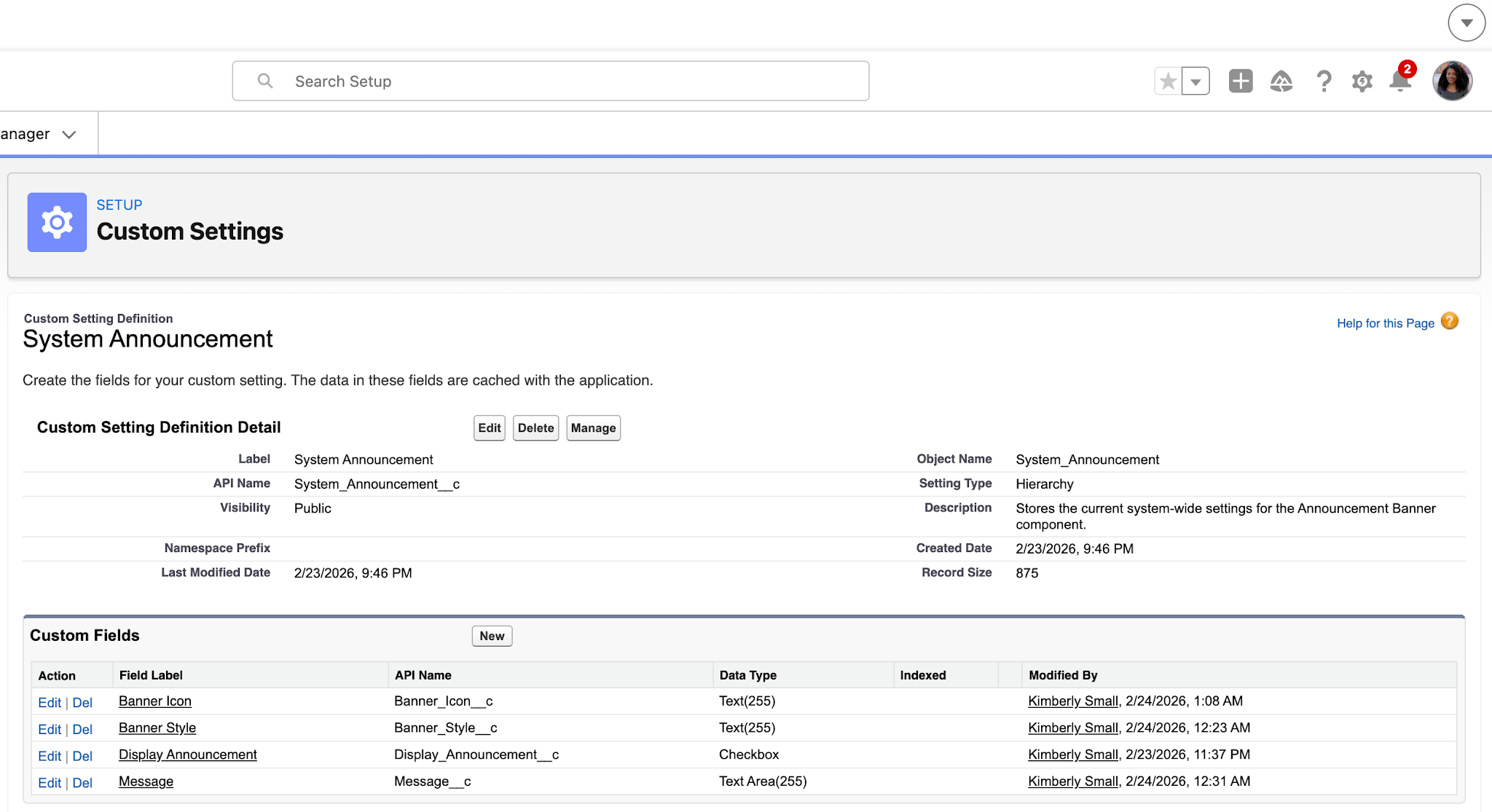 Custom setting definition for the System Announcement settings, with the new custom fields listed. 