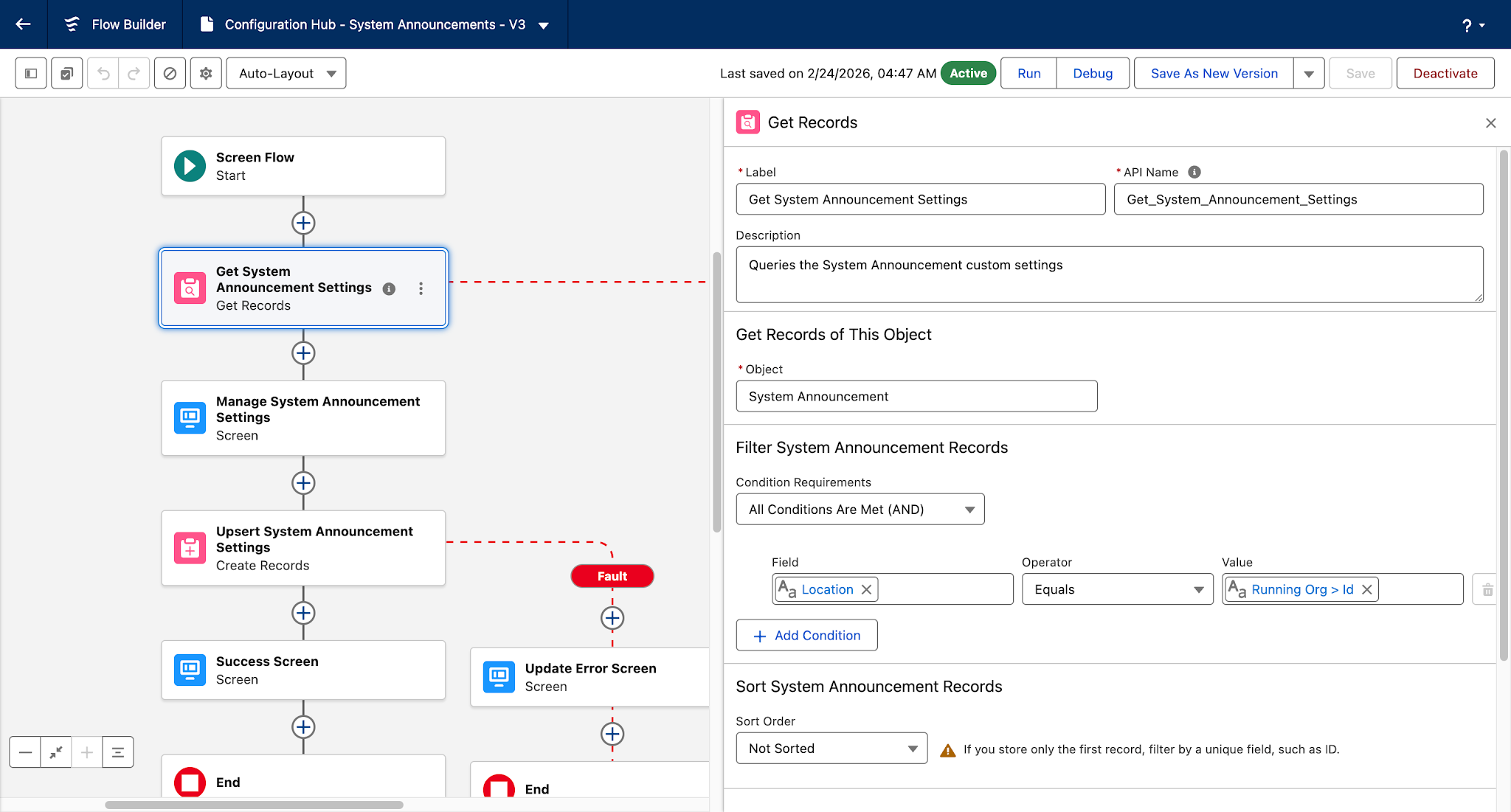 Flow Builder with a focus on the Get Records element that queries the System Announcement record. 