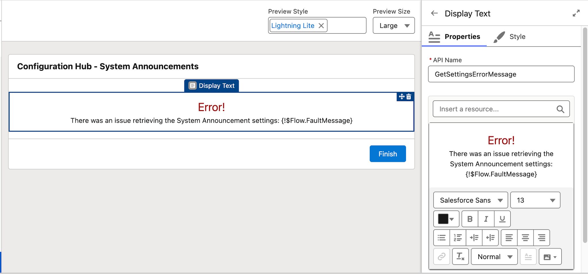 Edit screen in the Flow Builder that showcases the error message that will display in the event of a flow fault. 