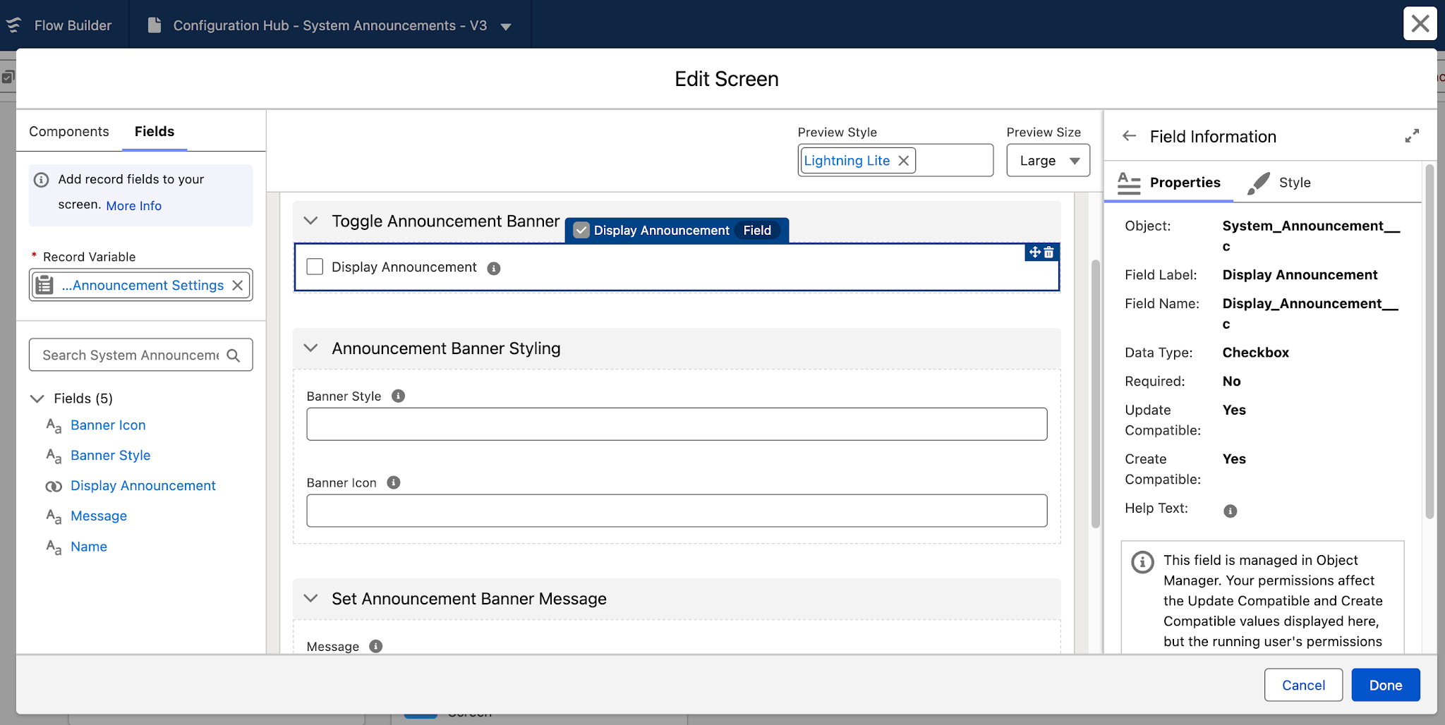 Edit screen in the Flow Builder that showcases the different fields and sections for updating the System Announcement settings.