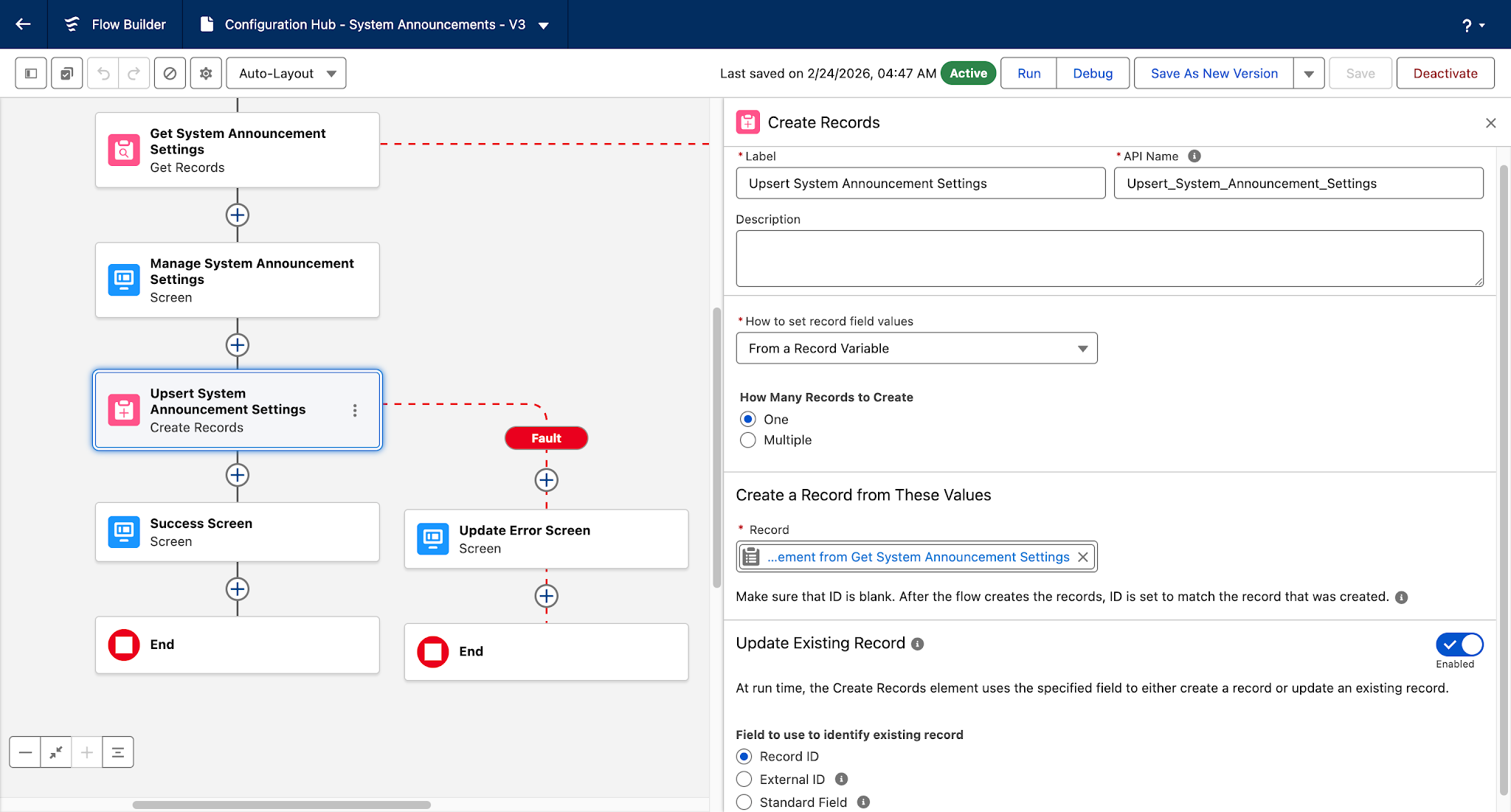Flow Builder with a focus on the Create Records element that upserts the System Announcement record. Also shows the corresponding fault path.